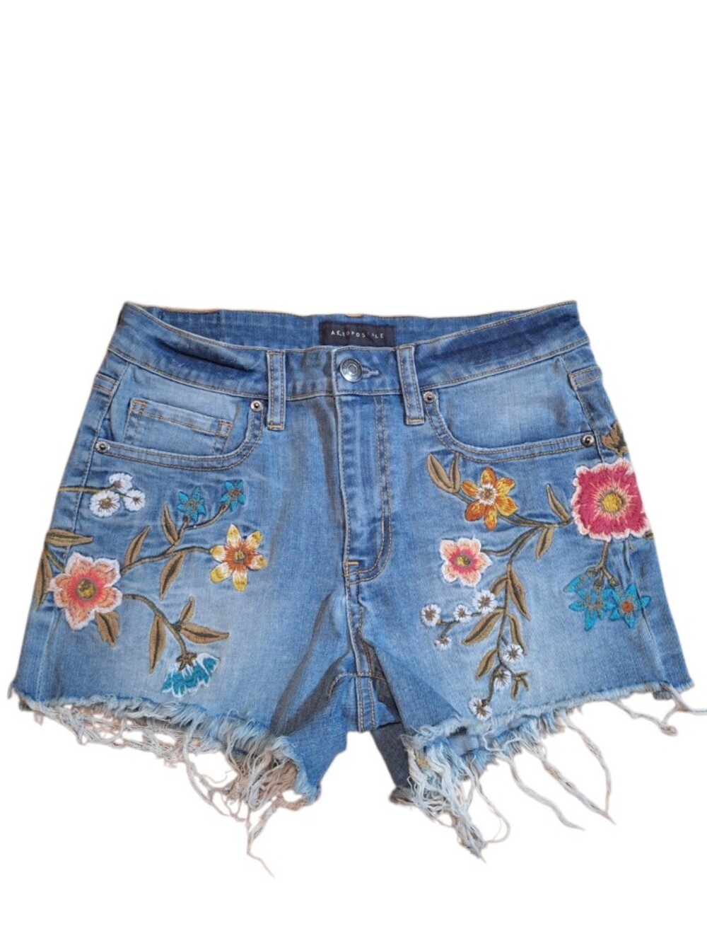 Aeropostale Blue Denim Shorts with Multicolor Floral Embroidery Boho Hippie READ
